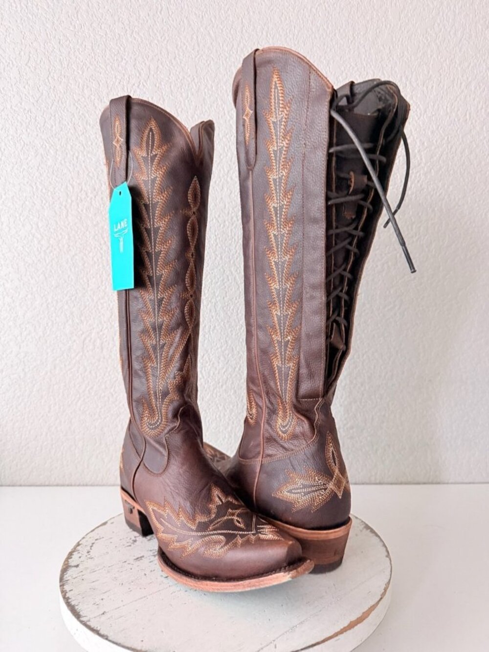 Lane LEXINGTON Knee High Cognac Brown Cowboy Boots Womens 8 Western Snip Toe